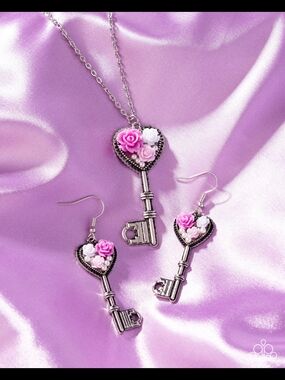 Heart Key Pendant Necklace and Earrings Set - Pink Floral Accent